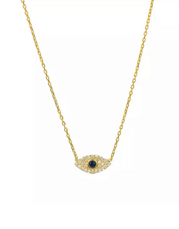 Nazar halskæde i et elegant look med blå zirconia sten.  Halskæden er i S925 sterling sølv og guldbelagt med 18 karat.   Materiale: S925 sterling sølv, guldbelagt med 18 karat. 100% nikkelfri. Størrelse: 42 cm + forlængelse