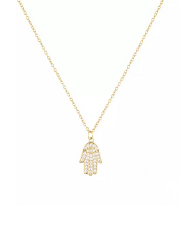 Fatimas hånd halskæde unikt look fyldt med små zircon sten.  Halskæden er i S925 sterling sølv og guldbelagt med 18 karat.   Materiale: S925 sterling sølv, guldbelagt med 18 karat. zircon sten. 100% nikkelfri. Størrelse: 40 cm + forlængelse