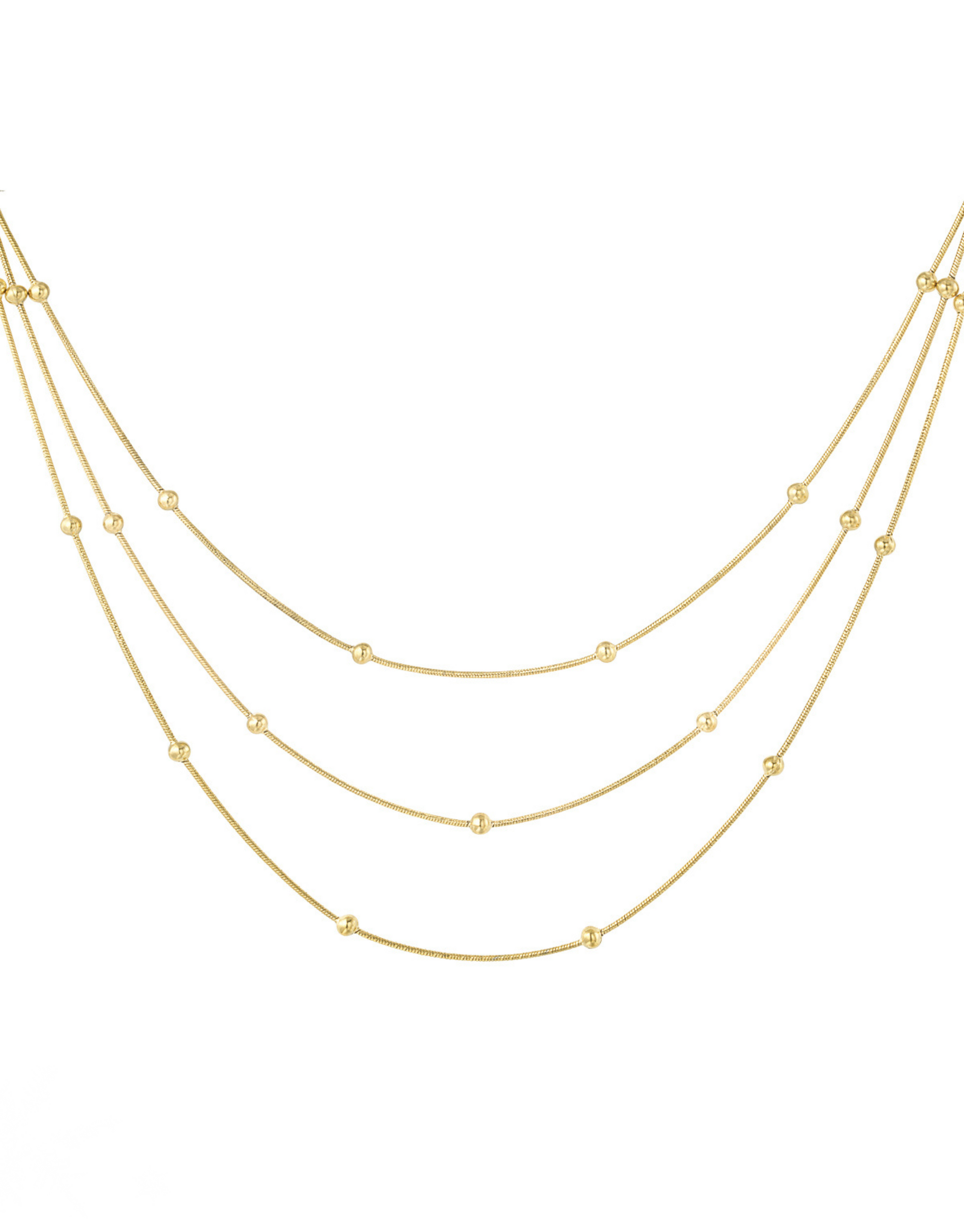Smuk guld halskæde i unikt design med 3 kæder.  Materiale: Overflade behandlet rustfri stål, 14 karat guldbelægning. 100% nikkelfri Størrelse: 39 + 5 cm forlængelse