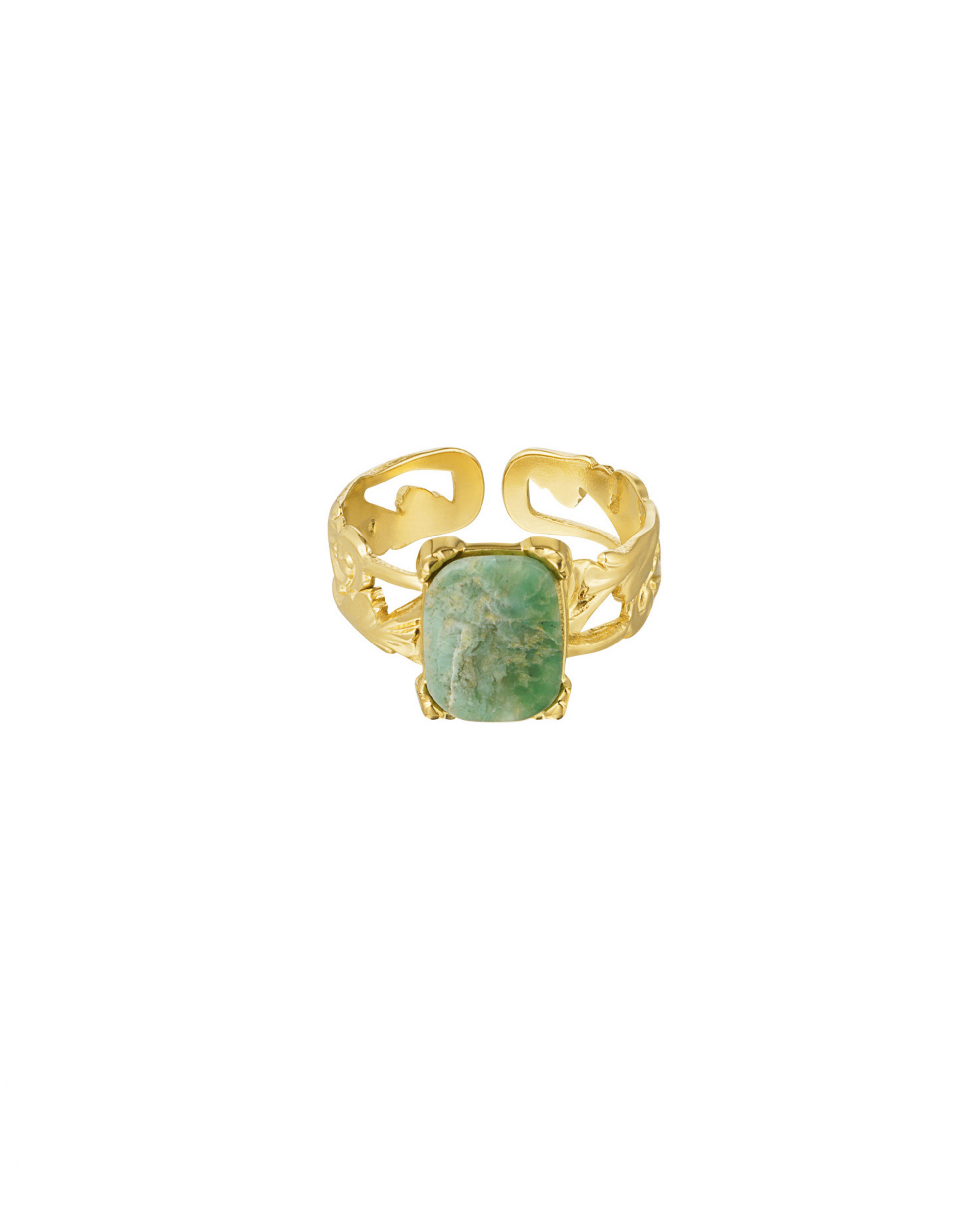 Smuk guld ring i elegant udtryk med grøn sten.  Alle vores ringe er justerbare og kan derfor passes af alle. Materiale: Rustfri stål, 14 karat guldbelægning, sten. 100% nikkelfri Størrelse: Justerbar