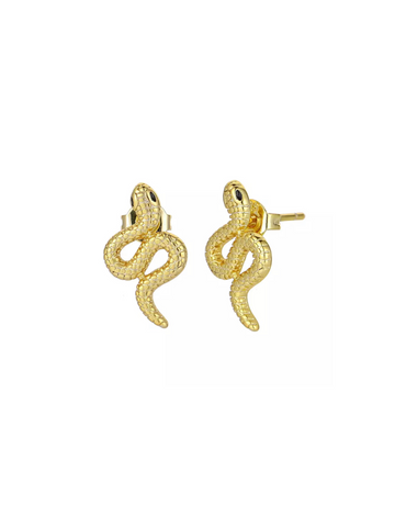 Medusa øreringe i guld med motiv af slange.  Øreringene kan bæres enkelt eller mixes and matches med mange af vores andre øreringe.  Materiale: S925 sterling sølv, guldbelagt, zircon sten