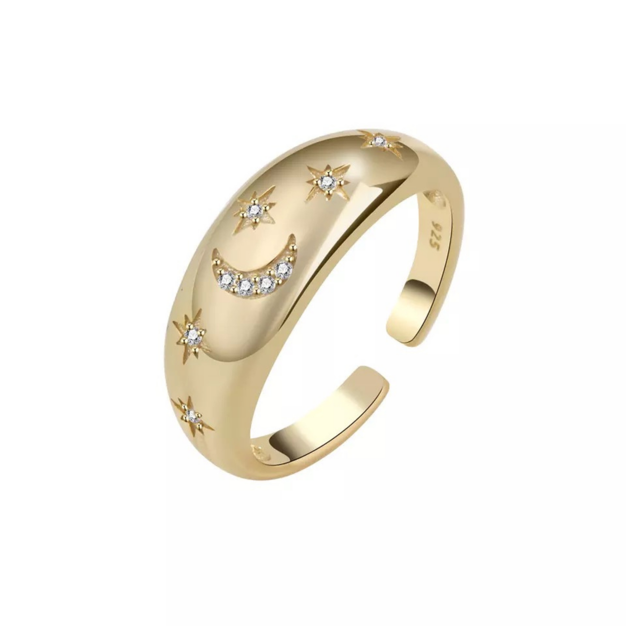 Nuray ring i guld.  Elegant guld ring med måne og stjerner med små zircon sten. Ringen kan bæres alene, men kan også mixes med vores mange andre ringe.  Materiale: 70% S925 sterling sølv, 30% rustfri stål, 14 karat guldbelagt, zircon-sten, nikkelfri Størrelse: Justerbar